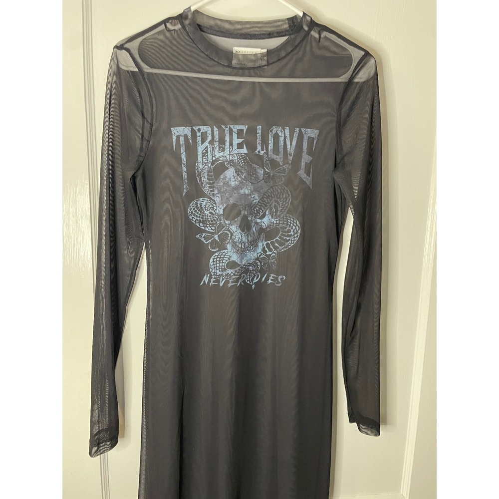 ASOS Design Black Mesh Long Sleeve Midi Dress True Love‎ Skull Graphic Goth